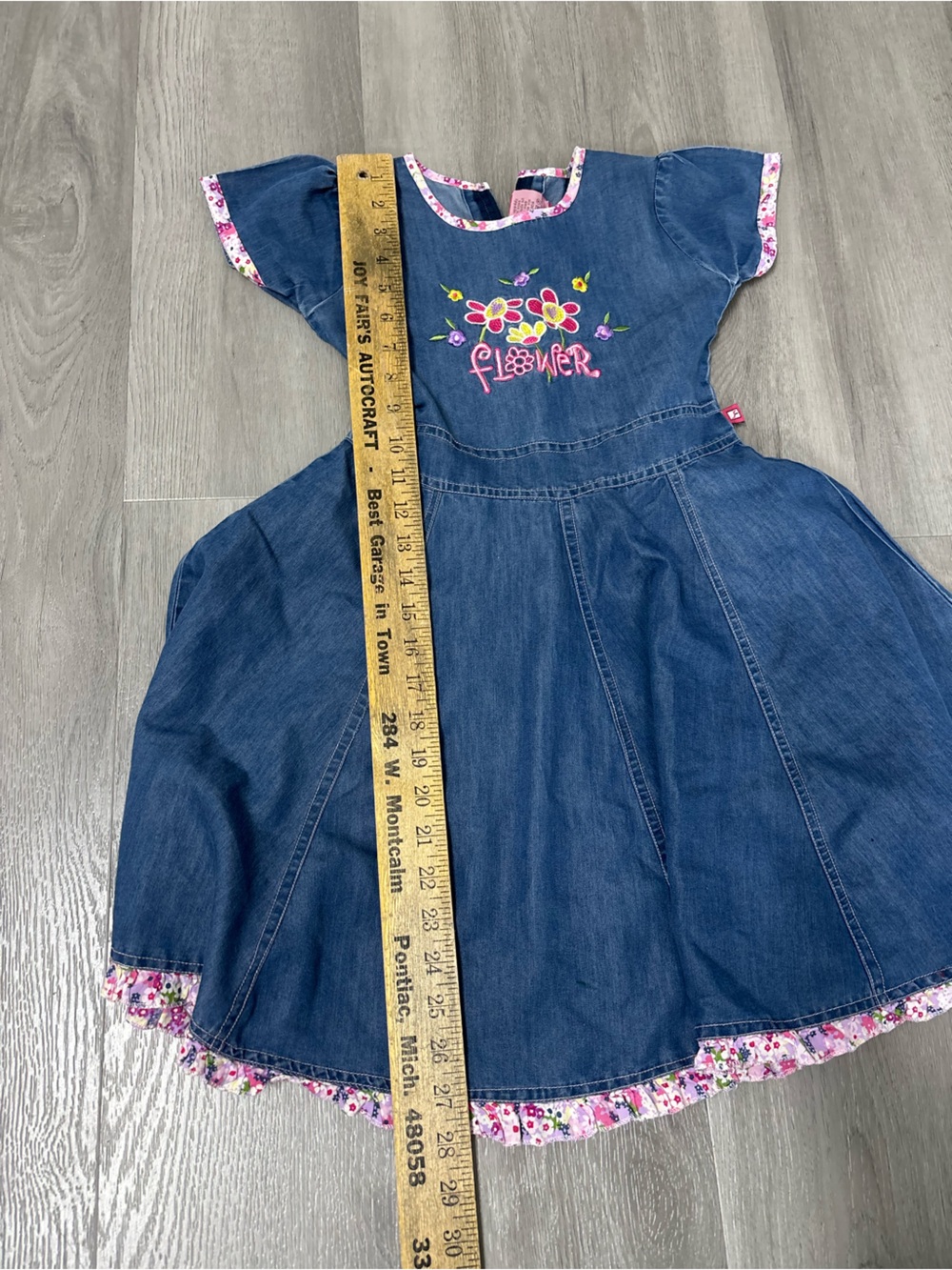 Shrawanti Denim Embroidered Flower Ruffle Blue Dress Cap Sleeve Girls Size 28 - Picture 7 of 8